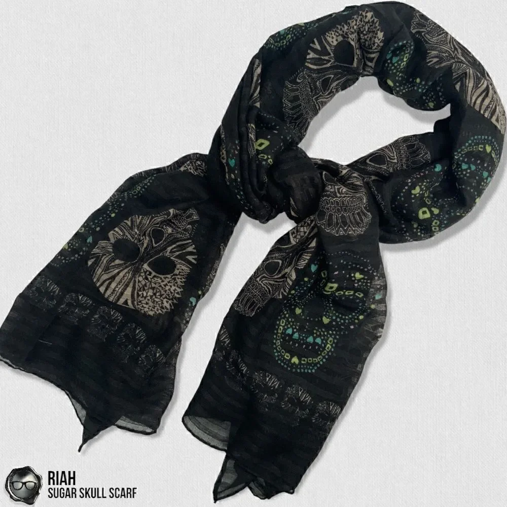LIGHTWEIGHT GAUZY SUGAR SKULL PRINT SCARF WRAP SHAWL IN BLACK HALLOWEEN MUERTOS